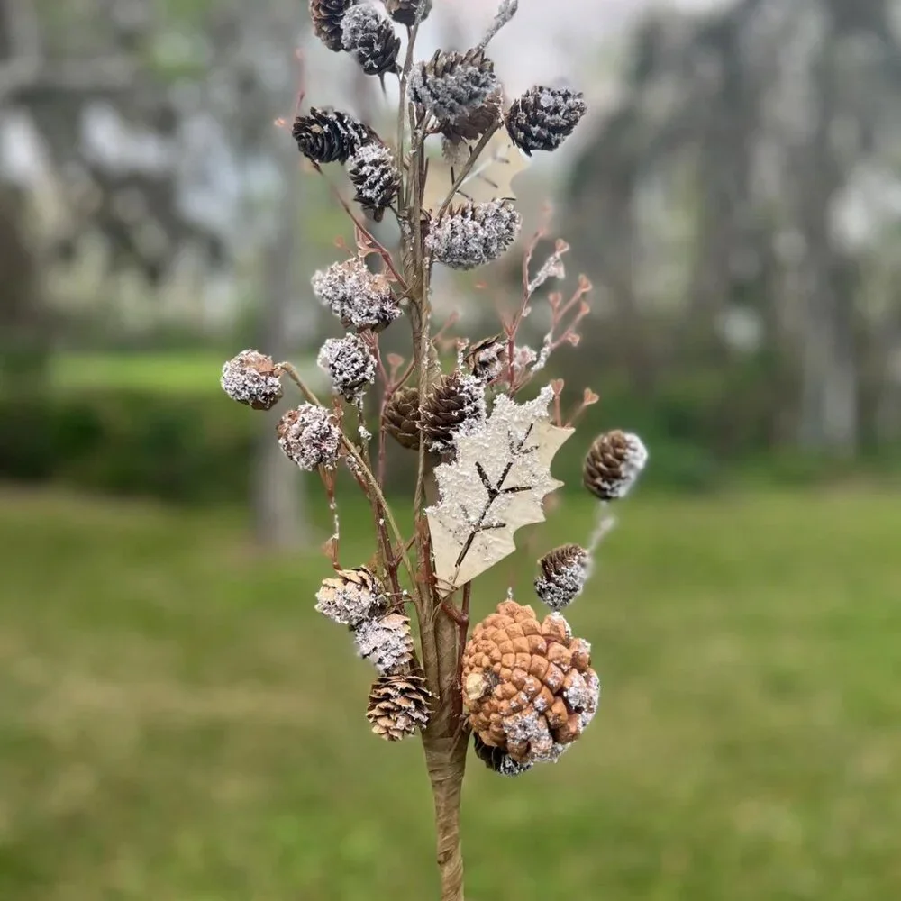 Christmas Snow Covered Frosted Birch Pinecone Stem Branch Pick Craft Supplies